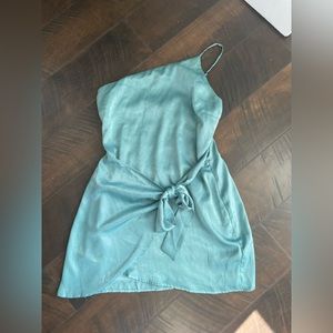 Mermaid teal satin one shoulder wrap dress by Lucy in the sky size large!